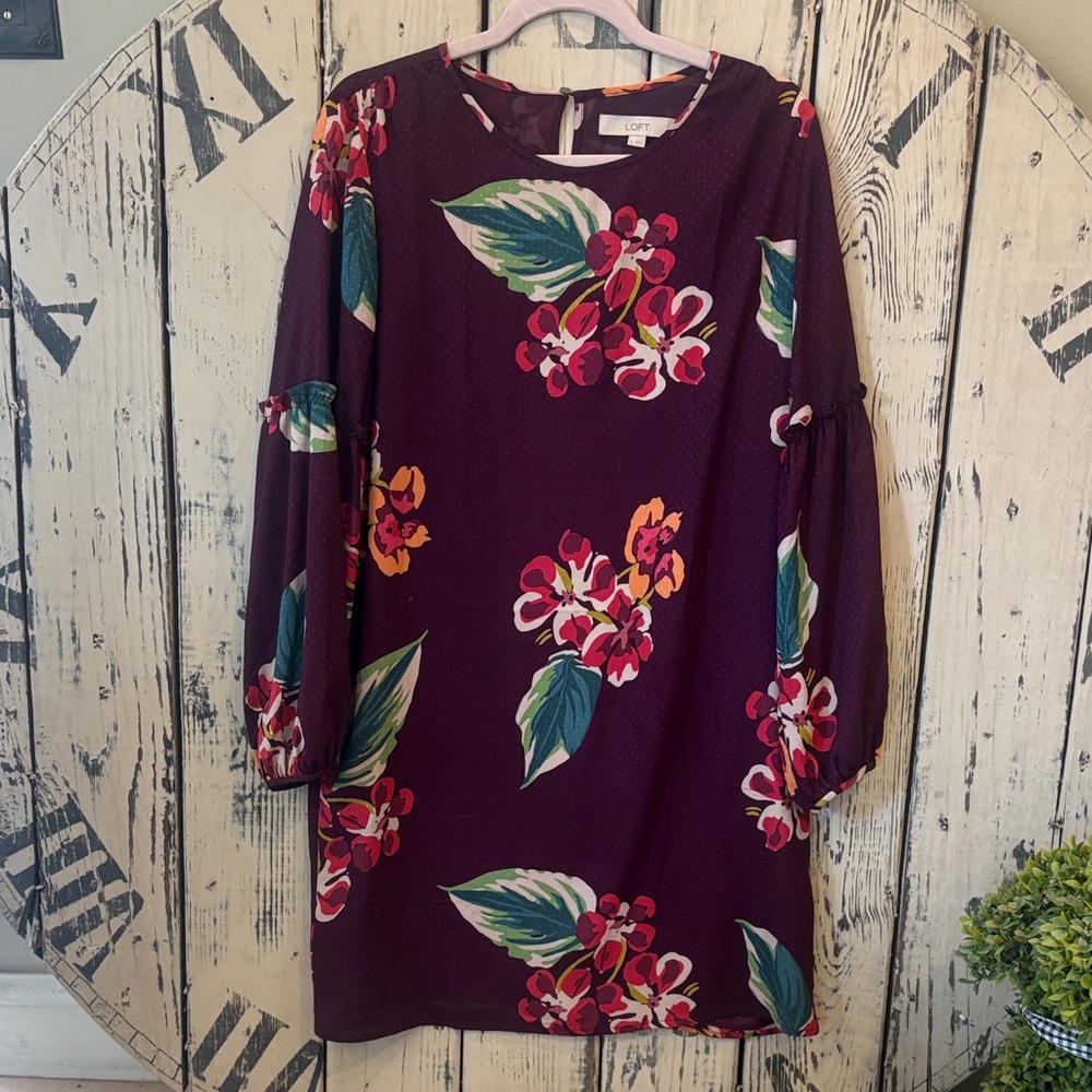 LOFT Burgundy Floral Long Sleeve Dress